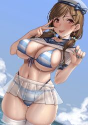 Rule 34 | bikini, hat, momo no sukebe, multi-strapped bikini bottom, non-web source, see-through, see-through shirt, shirt, skindentation, striped bikini, striped clothes, swimsuit, thick thighs, thigh gap, thighs, tongue, tongue out, white hat