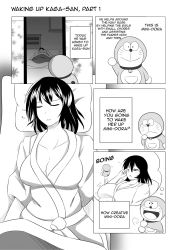 Rule 34 | 10s, 1girl, :d, breasts, cleavage, collarbone, comic, crossover, doraemon, english text, closed eyes, futon, greyscale, hakama, hakama skirt, highres, indoors, japanese clothes, kaga (kancolle), kantai collection, large breasts, lying, mini dora, monochrome, open mouth, parted lips, short hair, skirt, sleeping, smile, wangphing