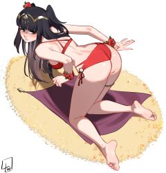 Rule 34 | 1girl, absurdres, ass, bare shoulders, barefoot, bent over, bikini, black hair, breasts, cape, censored, censored feet, feet, fire emblem, fire emblem heroes, flower, hair ornament, highres, l4wless, legs, long hair, looking back, medium breasts, nintendo, o-ring, official alternate costume, red bikini, signature, simple background, soles, solo, swimsuit, tharja (fire emblem), tharja (summer) (fire emblem), tiara, toes, two side up, white background