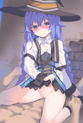 Rule 34 | 1boy, 1girl, absurdres, blue eyes, blue hair, blush, bottomless, braid, censored, clothed sex, clothes lift, dress, dress lift, girl on top, hat, hetero, highres, long hair, mosaic censoring, mushoku tensei, pussy, roxy migurdia, sex, twin braids, witch hat