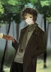 Rule 34 | 1boy, absurdres, black coat, black pants, braid, brown hair, chinese commentary, coat, commentary request, cowboy shot, green scarf, grey shirt, hand in pocket, hand up, harada minoru, highres, holding, holding ice cream cone, ice cream cone, kyoko (akakikyoko), light particles, male focus, open clothes, open coat, outdoors, pants, red eyes, saibou shinkyoku, scar, scar on face, scar on forehead, scarf, shirt, side braid, single braid, smile, solo