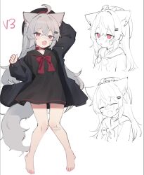 Rule 34 | 1girl, :d, :o, animal collar, animal ears, bare legs, barefoot, black dress, black jacket, collar, dress, expressionless, fang, fenrir (fenriluuu), grey hair, hat, highres, jacket, long hair, long sleeves, looking at viewer, off shoulder, open clothes, open jacket, open mouth, original, red eyes, rir-chan, short dress, sketch, smile, tail, very long hair, wolf ears, wolf girl, wolf tail