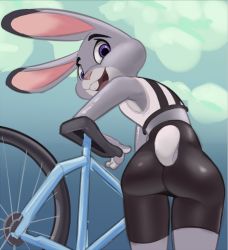 Rule 34 | 1girl, animal ears, ass, bicycle, bike shorts, disney, female focus, furry, furry female, judy hopps, looking at viewer, looking back, looking down, rabbit, rabbit ears, rabbit tail, saran, skin tight, solo, tail, zootopia