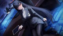 Rule 34 | 1girl, absurdres, black jacket, black pantyhose, black skirt, blazer, blue archive, breasts, chair, desk, desk lamp, hair ornament, hairclip, halo, highres, id card, jacket, kuutamo, lamp, large breasts, long hair, looking at viewer, miniskirt, office chair, pantyhose, parted lips, red eyes, revision, rio (blue archive), sitting, skirt, solo, sweater, swivel chair, tablet pc, turtleneck, turtleneck sweater, very long hair, window