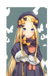 Rule 34 | 1girl, abigail williams (fate), absurdres, black bow, black dress, black hat, blonde hair, blue background, blue eyes, blush, bow, bug, butterfly, chestnut mouth, commentary request, dress, fate/grand order, fate (series), forehead, hair bow, hat, highres, holding, holding key, hugging object, insect, key, long hair, long sleeves, looking at viewer, orange bow, outstretched arm, parted bangs, parted lips, polka dot, polka dot bow, rookie55678, sleeves past wrists, solo, stuffed animal, stuffed toy, teddy bear, two-tone background, very long hair, white background