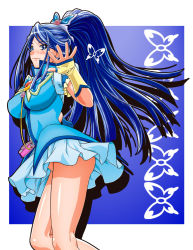 Rule 34 | 00s, 1girl, blue eyes, blue hair, blue theme, blush, breasts, bug, butterfly, butterfly hair ornament, cure aqua, fingerless gloves, flower, frilled sleeves, frills, gambler club, gloves, hair flower, hair ornament, bug, jewelry, kohsaka jun, large breasts, light smile, long hair, looking at viewer, matching hair/eyes, minazuki karen, miniskirt, no panties, ponytail, pouch, precure, puffy sleeves, skirt, solo, thighs, upskirt, wide ponytail, yes! precure 5, yes! precure 5 gogo!
