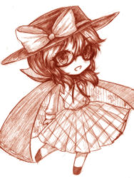 Rule 34 | 1girl, bow, cape, checkered clothes, checkered skirt, checkered vest, glasses, hat, hat bow, monochrome, open mouth, skirt, solo, touhou, usami sumireko, vest, yuran (kuen-hien)