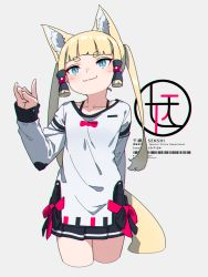 Rule 34 | 1girl, animal ear fluff, animal ears, black skirt, blonde hair, blue eyes, closed mouth, collarbone, commentary request, cropped legs, fox ears, fox girl, fox shadow puppet, fox tail, grey background, hand up, highres, kuro-chan (kuro kosyou), kuro kosyou, long hair, long sleeves, looking at viewer, original, pleated skirt, shirt, short eyebrows, sidelocks, simple background, skirt, sleeves past wrists, smile, solo, tail, thick eyebrows, twintails, white shirt