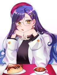 Rule 34 | 1girl, beret, bespectacled, black shirt, blue hair, buttons, cake, cake slice, chune (tngus9945), coffee, commentary, cup, drink, earrings, food, food art, glasses, gradient hair, hair ornament, hairclip, hat, highres, jacket, jewelry, long hair, long sleeves, looking at viewer, multicolored hair, open clothes, open jacket, open mouth, orange eyes, plate, project sekai, red hat, saucer, shiraishi an, shirt, simple background, solo, star (symbol), star earrings, star hair ornament, teacup, tsurime, wavy hair, white background, white jacket