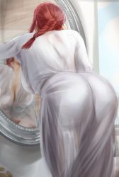 Rule 34 | 1girl, ass, ass focus, bathrobe, bathroom, braid, braided ponytail, breasts, chainsaw man, cleavage, commentary, dress shirt, dressing, english commentary, facing away, formal, highres, large breasts, makima (chainsaw man), mirror, presenting, red hair, robe, see-through, shirt, white robe, white shirt, yoracrab