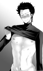 Rule 34 | 1boy, ace of diamond, aftersex, blush, funkasiahq, looking at viewer, male focus, monochrome, nipples, sanada shunpei, solo, undressing, yaoi