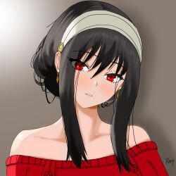 Rule 34 | 1girl, black hair, blush, dress, earrings, gold earrings, hairband, jewelry, long hair, looking at viewer, off-shoulder sweater, off shoulder, open mouth, praaveeshraaj21, red eyes, red sweater, shadow, simple background, spy x family, sunlight, sweater, two-sided dress, two-sided fabric, white hairband, yor briar