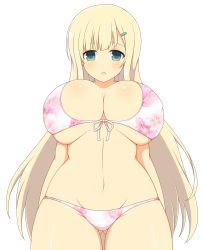 Rule 34 | 1girl, aqua eyes, bikini, blonde hair, breasts, cleavage, commentary request, covered erect nipples, floral print, hair ornament, hairclip, highres, huge breasts, ichiryuu tsumiki, long hair, looking at viewer, navel, open mouth, pink bikini, senran kagura, simple background, solo, swimsuit, very long hair, white background, yomi (senran kagura)