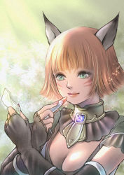 Rule 34 | 1girl, animal ears, aqua eyes, artist name, adventurer (ff11), black gloves, breasts, cat ears, cat girl, cleavage, cosmetics, elbow gloves, eyelashes, facial mark, final fantasy, final fantasy xi, fingerless gloves, fingernails, gloves, hands up, highres, holding, holding lipstick tube, lipstick, lipstick tube, makeup, medium breasts, mithra (ff11), nail polish, orange hair, orange lips, orange lipstick tube, parted bangs, parted lips, pink nails, piyoco, short hair, smile, solo, sparkle, upper body, whisker markings