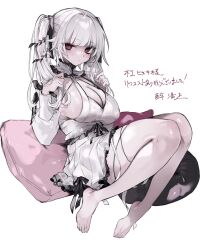 Rule 34 | 1girl, absurdres, barefoot, blunt bangs, blush, breasts, cleavage, covered erect nipples, cushion, dress, feet, funyo (masa), highres, large breasts, legs, long hair, original, pillow, red eyes, solo, toenails, toes, twintails, white hair