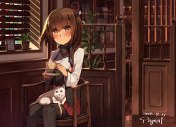 Rule 34 | 10s, 1girl, alternate hairstyle, animal, animal on lap, artist name, bike shorts, black thighhighs, blouse, braid, brown eyes, brown hair, cafe, cat, cup, dated, hair between eyes, headband, headgear, high collar, holding, holding cup, indoors, kantai collection, long hair, long sleeves, miniskirt, on lap, pajant, plant, red skirt, saucer, shirt, side braid, sitting, skirt, smile, solo, taihou (kancolle), teacup, thighhighs, white cat, white shirt, window blinds, wooden floor