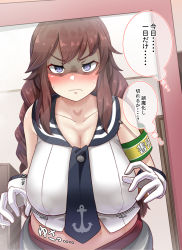 Rule 34 | 1girl, anchor symbol, armband, belt, blue eyes, blush, braid, breasts, brown hair, collarbone, commentary, commentary request, covered erect nipples, frown, gloves, highres, kantai collection, konoshige (ryuun), large breasts, long hair, midriff, mirror, necktie, noshiro (kancolle), sailor collar, school uniform, serafuku, shaded face, skirt, sleeveless, solo, sweat, swept bangs, thought bubble, translated, twin braids, white gloves