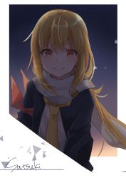 Rule 34 | 1girl, bad id, bad twitter id, blonde hair, blue jacket, character name, closed mouth, commentary request, jacket, kantai collection, long hair, long sleeves, looking at viewer, necktie, night, night sky, open clothes, open jacket, orange eyes, rinto (rint rnt), satsuki (kancolle), satsuki kai ni (kancolle), scarf, school uniform, serafuku, shirt, sky, smile, solo, star (sky), starry sky, white scarf, white shirt, yellow necktie