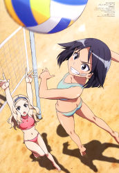 Rule 34 | 2girls, absurdres, aleksandra i. pokryshkin, arms up, ass, bandaid, bandaid on face, barefoot, beach volleyball, bikini, black eyes, black hair, blonde hair, blue bikini, blue eyes, blue hairband, blush, brave witches, breasts, butt crack, collarbone, day, flat chest, grin, hairband, halterneck, halterneck, highres, jumping, kanno naoe, kneepits, lens flare, long hair, magazine scan, mc axis, medium breasts, multiple girls, navel, official art, open mouth, outdoors, pink bikini, print bikini, round teeth, sand, satou michio, scan, short hair, smile, star (symbol), star print, swimsuit, teeth, thigh gap, tongue, volleyball net, world witches series