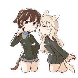 Rule 34 | 2girls, animal ears, aqua eyes, blonde hair, blush, bomber jacket, bottomless, brown hair, buttons, closed eyes, dog ears, dog tail, erua, fox ears, fox tail, heart, honda takashi (enorea), imminent kiss, jacket, leaning, leaning forward, long hair, long sleeves, looking away, military, military uniform, multiple girls, ottilie kittel, short hair, simple background, strike witches, tail, uniform, waltraud nowotny, white background, world witches series, yuri