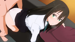 Rule 34 | 10s, 1boy, 1girl, all fours, ass, bad id, bad pixiv id, bent over, black hair, breath, censored, clothes lift, clothing aside, doggystyle, green eyes, hetero, highres, idolmaster, idolmaster cinderella girls, long hair, mosaic censoring, panties, panties aside, parted lips, school uniform, sex, sex from behind, shibuya rin, skirt, skirt lift, undershaft, underwear, vaginal