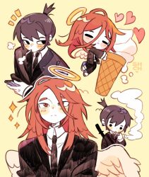 Rule 34 | 2boys, angel, angel devil (chainsaw man), angel wings, black eyes, black hair, black jacket, black necktie, black pants, blush, chainsaw man, chibi, cigarette, closed eyes, closed mouth, collared shirt, commentary, feathered wings, food, formal, halo, hayakawa aki, heart, highres, ice cream, ice cream cone, jacket, long hair, long sleeves, male focus, multiple boys, necktie, pants, red eyes, red hair, sharpycharot, shirt, short hair, simple background, smoke, smoking, sparkle, suit, symbol-only commentary, topknot, white shirt, white wings, wings, yellow background