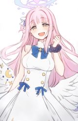Rule 34 | 1girl, angel wings, bare shoulders, blow, blue archive, blue bow, blush, bow, crescent, dress, feathered wings, flower, hair flower, hair ornament, halo, highres, mika (blue archive), nagami yuu, no cape, open mouth, pink hair, scrunchie, simple background, smile, solo, white background, white dress, wings, wrist scrunchie