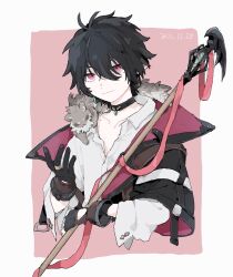 Rule 34 | 1boy, alchemy stars, animal, animal on shoulder, black coat, black gloves, black hair, choker, closed mouth, coat, collarbone, collared shirt, cropped torso, gloves, hair between eyes, highres, holding, holding staff, long sleeves, looking at viewer, male focus, mole, olu999, pink eyes, pointy ears, shirt, short hair, smile, solo, staff, upper body, vic (alchemy stars), white shirt