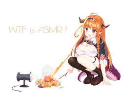 Rule 34 | 1girl, ahoge, asymmetrical legwear, binaural microphone, black thighhighs, blouse, blunt bangs, braid, breast press, breast rest, breasts, breath weapon, breathing fire, brown eyes, brown hair, cleavage, cleavage cutout, clothing cutout, collared shirt, commentary request, dragon tail, english text, fire, food, full body, highres, hip vent, hololive, horns, kiryu coco, kiryu coco (1st costume), large breasts, leaf, long hair, microphone, open mouth, pointy ears, shirt, simple background, sitting, socks, solo, sweet potato, tail, thigh strap, thighhighs, uneven legwear, virtual youtuber, white background, white shirt