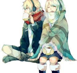 Rule 34 | 1boy, 1girl, ^ ^, alternate costume, bad id, bad pixiv id, blonde hair, blue eyes, boots, breath, brother and sister, closed eyes, cross-laced footwear, cup, drink, fringe trim, hair ornament, hairclip, half updo, headphones, holding, holding cup, indian style, kagamine len, kagamine rin, kneehighs, lace-up boots, long sleeves, manako (manatera), mittens, mug, open mouth, pants, ponytail, red scarf, scarf, short hair, shorts, siblings, simple background, sitting, socks, steam, sweater, swept bangs, teeth, twins, vocaloid, white background, white scarf, winter, winter clothes
