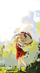 Rule 34 | 1girl, :d, absurdres, ascot, blonde hair, clynxen, day, flandre scarlet, full body, grin, hat, hat ribbon, highres, holding, holding umbrella, knees together feet apart, looking at viewer, mob cap, open mouth, outdoors, overexposure, pigeon-toed, red eyes, ribbon, short sleeves, skirt, smile, solo, touhou, umbrella, vest, wings