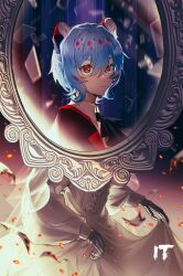 Rule 34 | 1girl, absurdres, android, animal ears, ascot, black ascot, blue eyes, blue hair, broken mirror, burning, closed mouth, cowboy shot, dress, fengchaoqu, fire, hair between eyes, highres, joints, long sleeves, looking at viewer, mirror, motion blur, multicolored ears, multicolored eyes, original, paper, puffy long sleeves, puffy sleeves, red eyes, revealing layer, robot joints, shards, short hair, skirt hold, solo, white dress