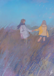 Rule 34 | 2girls, ahoge, arm at side, back, bad id, bad pixiv id, bare legs, black scarf, blue sky, brown eyes, brown hair, coat, commentary request, day, field, grass, holding hands, hand in pocket, hood, hood down, leaning back, long hair, long sleeves, looking at viewer, miniskirt, multiple girls, nanakawa (nanasoon), original, outdoors, outstretched arm, pleated skirt, scarf, scenery, signature, sketch, skirt, sky, walking, white coat, winter, yellow coat