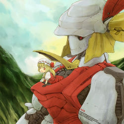 Rule 34 | 1girl, blonde hair, bow, cervus, cloud, female focus, flandre scarlet, gloves, hair bow, hat, mecha, open mouth, outdoors, red eyes, robot, side ponytail, sky, solo, touhou, wings
