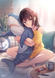 Rule 34 | 1girl, 3:, alternate costume, anchor print, backlighting, bare legs, bare shoulders, barefoot, window blinds, brown hair, closed mouth, coffee mug, collarbone, commentary request, couch, cup, hugging doll, ikea shark, indian style, indoors, kantai collection, long hair, looking at viewer, morigami (morigami no yashiro), mug, no pants, hugging object, off-shoulder shirt, off shoulder, on couch, one side up, pen, pillow, plant, sendai (kancolle), shirt, sidelocks, sitting, solo, stuffed animal, stuffed shark, stuffed toy, table, thighs, yellow shirt