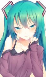 Rule 34 | 1girl, aqua eyes, aqua hair, bare shoulders, breasts, closed mouth, collarbone, come hither, eyebrows, gradient background, hatsune miku, kiseno, long hair, looking at viewer, naughty face, pinky out, smile, solo, twintails, upper body, vocaloid