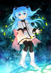 Rule 34 | 10s, 1girl, black thighhighs, blue eyes, blue hair, blush, boots, dress, highres, huazha01, long hair, long sleeves, looking at viewer, matching hair/eyes, noel (sora no method), open mouth, smile, solo, sora no method, star (symbol), thighhighs, twintails, two side up, white dress