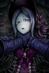 Rule 34 | 1girl, 1other, ascot, asphyxiation, bloodborne, blue eyes, bonnet, commentary, flower, gloves, hat, hat flower, highres, long hair, looking at viewer, lying, nazo no diaboro, on back, open mouth, plain doll, pov, pov hands, purple ascot, rose, saliva, strangling, upper body, white hair