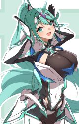 1girl absurdres breasts green_eyes green_hair highres large_breasts long_hair mikan_(mika_n95) pneuma_(xenoblade) ponytail solo very_long_hair xenoblade_chronicles_(series) xenoblade_chronicles_2