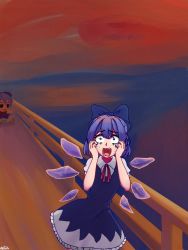Rule 34 | 1girl, blue bow, blue dress, blue eyes, bow, bridge, character doll, cirno, commentary, constricted pupils, cowboy shot, detached wings, dress, english commentary, fine art parody, fumo (doll), hair between eyes, hair bow, hands on own cheeks, hands on own face, highres, ice, ice wings, large bow, looking at viewer, open mouth, outdoors, parody, ramnik5, red neckwear, sweat, the scream, touhou, wings