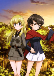 Rule 34 | 10s, 2girls, absurdres, arms behind back, black hair, blonde hair, brown eyes, caesar (girls und panzer), carpaccio (girls und panzer), eyebrows, female focus, forest, friends, girls und panzer, green eyes, hand on own hip, highres, long hair, looking at viewer, military, military uniform, multiple girls, nature, official art, outdoors, pleated skirt, red scarf, scarf, short hair, skirt, smile, tree, uniform, white skirt
