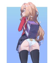 Rule 34 | 1girl, aisaka taiga, ass, ass focus, bag, black skirt, black thighhighs, blazer, blue background, border, brown eyes, brown hair, cameltoe, clothes lift, from behind, handbag, highres, jacket, long hair, looking to the side, oohashi high school uniform, outside border, panties, pantyshot, petite, pixxel, red jacket, school uniform, skirt, skirt caught on object, skirt lift, solo, standing, striped clothes, striped panties, thighhighs, tiger panties, toradora!, turning head, underwear, wardrobe malfunction, white border, white panties, wide hips