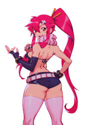 Rule 34 | 1girl, ass, back, between breasts, bikini, bikini top only, boota (ttgl), breasts, elbow gloves, fingerless gloves, flame print, gloves, hair between eyes, hair ornament, hand on own hip, highres, liyart, long hair, looking at viewer, looking back, open mouth, pink thighhighs, ponytail, red hair, scarf, short shorts, shorts, sideboob, single elbow glove, skull hair ornament, smile, solo, swimsuit, tengen toppa gurren lagann, thighhighs, thighs, very long hair, white background, yellow eyes, yoko littner