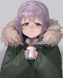 Rule 34 | 10s, 1girl, :3, blush, brown eyes, coat, collared shirt, commentary request, contrail, cup, fur trim, green coat, grey background, hair flaps, idolmaster, idolmaster cinderella girls, koshimizu sachiko, modare, purple hair, shirt, short hair, sleeves past wrists, smile, solo, winter clothes, winter coat