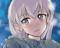 Rule 34 | 1girl, bad id, bad twitter id, blonde hair, blush, eila ilmatar juutilainen, long hair, looking away, military, military uniform, mishiro shinza, open mouth, purple eyes, sky, solo, star (sky), strike witches, sweat, uniform, upper body, world witches series