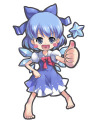Rule 34 | 1girl, bad id, bad pixiv id, barefoot, chibi, cirno, dress, embodiment of scarlet devil, female focus, full body, heart, morujii, simple background, solo, thumbs up, touhou, white background