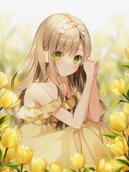 1girl bare_shoulders blurry blurry_background brown_dress brown_hair collarbone dress flower from_side green_eyes hair_ribbon hands_up highres long_hair looking_at_viewer off-shoulder_dress off_shoulder original outdoors pink_ribbon ribbon solo striped tulip weri yellow_flower