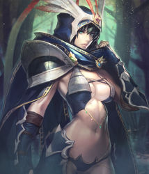 Rule 34 | 1girl, aqua eyes, artist request, breasts, card (medium), chaos online, cloak, cowboy shot, darae, fingerless gloves, gloves, hood, large breasts, looking at viewer, midriff, navel, official art, solo