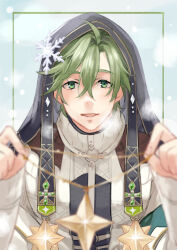 Rule 34 | 1boy, blush, green eyes, green hair, habit, hair ornament, jewelry, long sleeves, looking at viewer, male focus, mei emi12, necklace, nu carnival, olivine (nu carnival), short hair, simple background, smile, snowflake hair ornament, star (symbol), sweater, upper body, white sweater