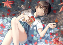 Rule 34 | 1girl, absurdres, autumn leaves, bare arms, bare legs, blue sailor collar, blue skirt, book, brown eyes, brown hair, commentary request, feet out of frame, hair spread out, highres, holding, holding leaf, knee up, leaf, long hair, looking at viewer, lying, maple leaf, on back, open book, open mouth, original, pleated skirt, raiz art works, revision, sailor collar, school uniform, serafuku, shirt, short sleeves, skirt, solo, uniform, water, white shirt